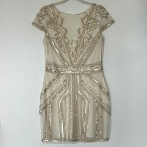 Alya Sequin Beaded Mini Dress Ivory Gold Art Deco Bodycon
